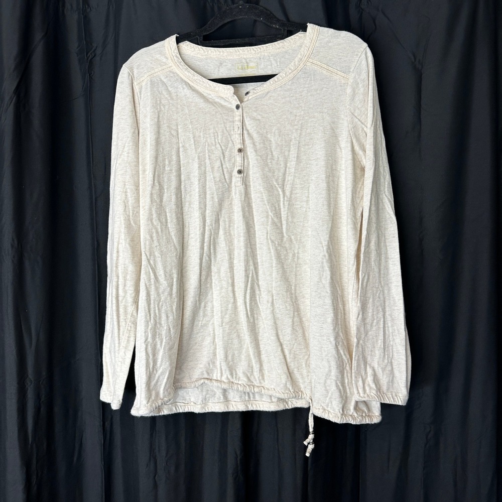 LL Bean Womens XL Henley Long Sleeve Top Oatmeal Beige Cotton Drawstring Hem